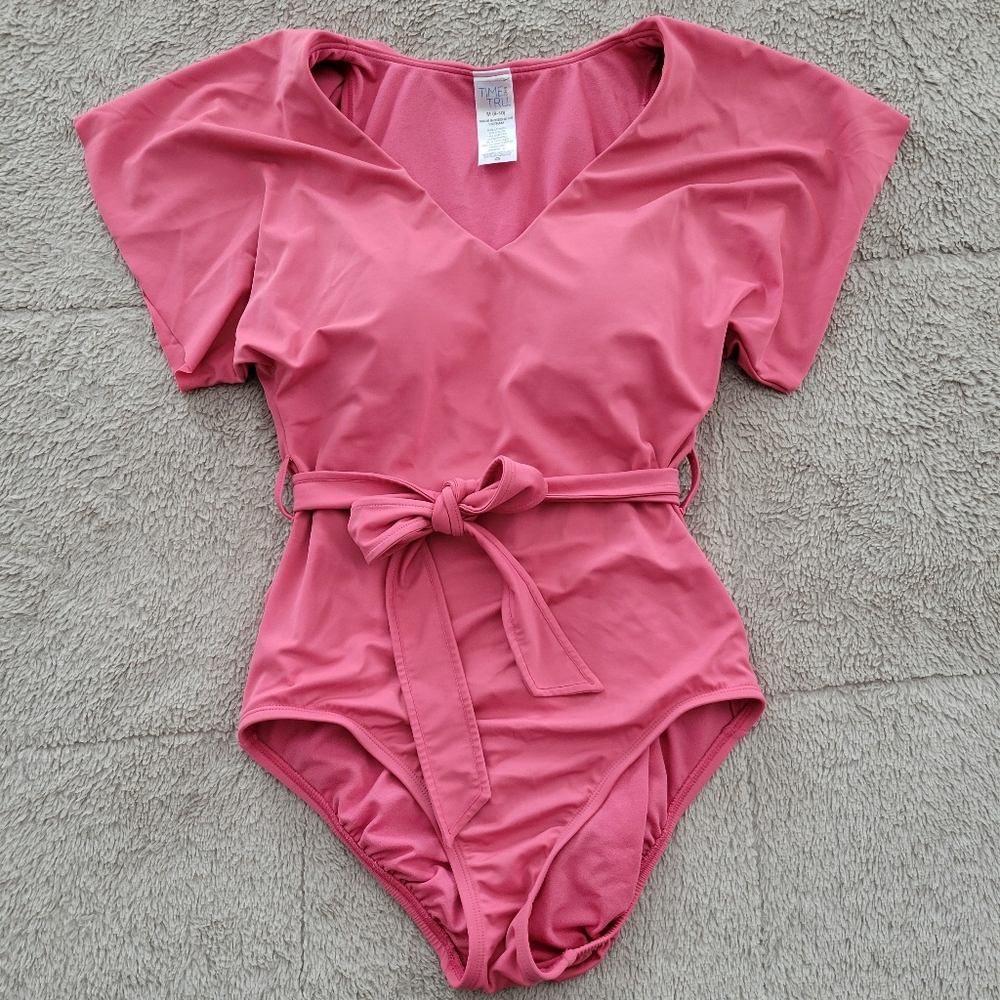 Pink swimsuit with wide cap sleeves
